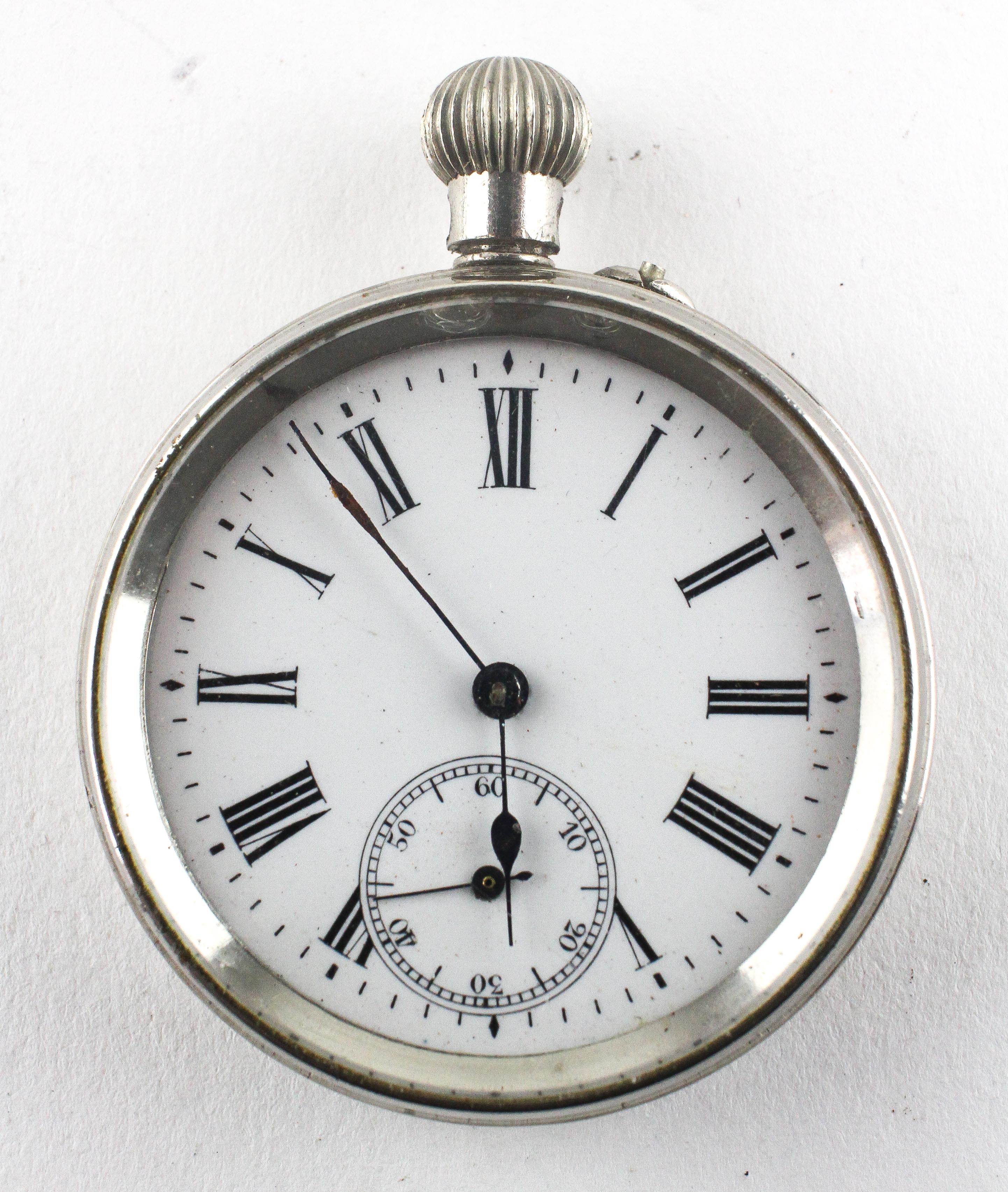 An open face pocket watch. Circular white dial with second hand dial...