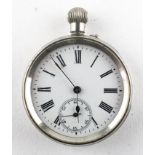 An open face pocket watch. Circular white dial with second hand dial, mechanical movement.