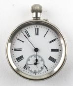 An open face pocket watch. Circular white dial with second hand dial, mechanical movement.