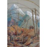 E Nash Moore, pencil and watercolour, Mountainous construction scene, signed lower right,