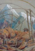 E Nash Moore, pencil and watercolour, Mountainous construction scene, signed lower right,