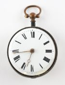 An open face pocket watch. Circular white dial with roman numerals. Key wound movement.