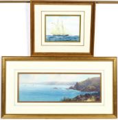 HW Hicks, Rocky coastal scene with a castle and sailing boats, watercolour, signed lower right,