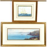 HW Hicks, Rocky coastal scene with a castle and sailing boats, watercolour, signed lower right,