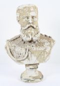 A plaster bust of a Kaiser, with flaking paint,