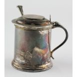 An Elizabeth II silver mustard pot, of cylindrical form with blue glass liner,