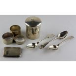 A selection of silver wares, to include a lidded pot of cylindrical form, three napkin rings,