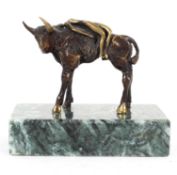 A Bulgarian bronze sculpture of a bull carrying a gilt woman on its back,