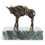 A Bulgarian bronze sculpture of a bull carrying a gilt woman on its back,