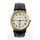 A gold plated mappin and webb 'The Meridian' quartz wristwatch. Circular dial with roman numerals.