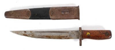 A vintage bayonet , WWII period, with leather and metal scabbard and turned wooden handle,