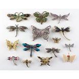 A collection of fifteen costume brooches depicting butterflies, moths, dragon flies, insects.