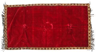 A crimson velvet and gilt thread runner, with metal tassels, late 19th/early 20th century,