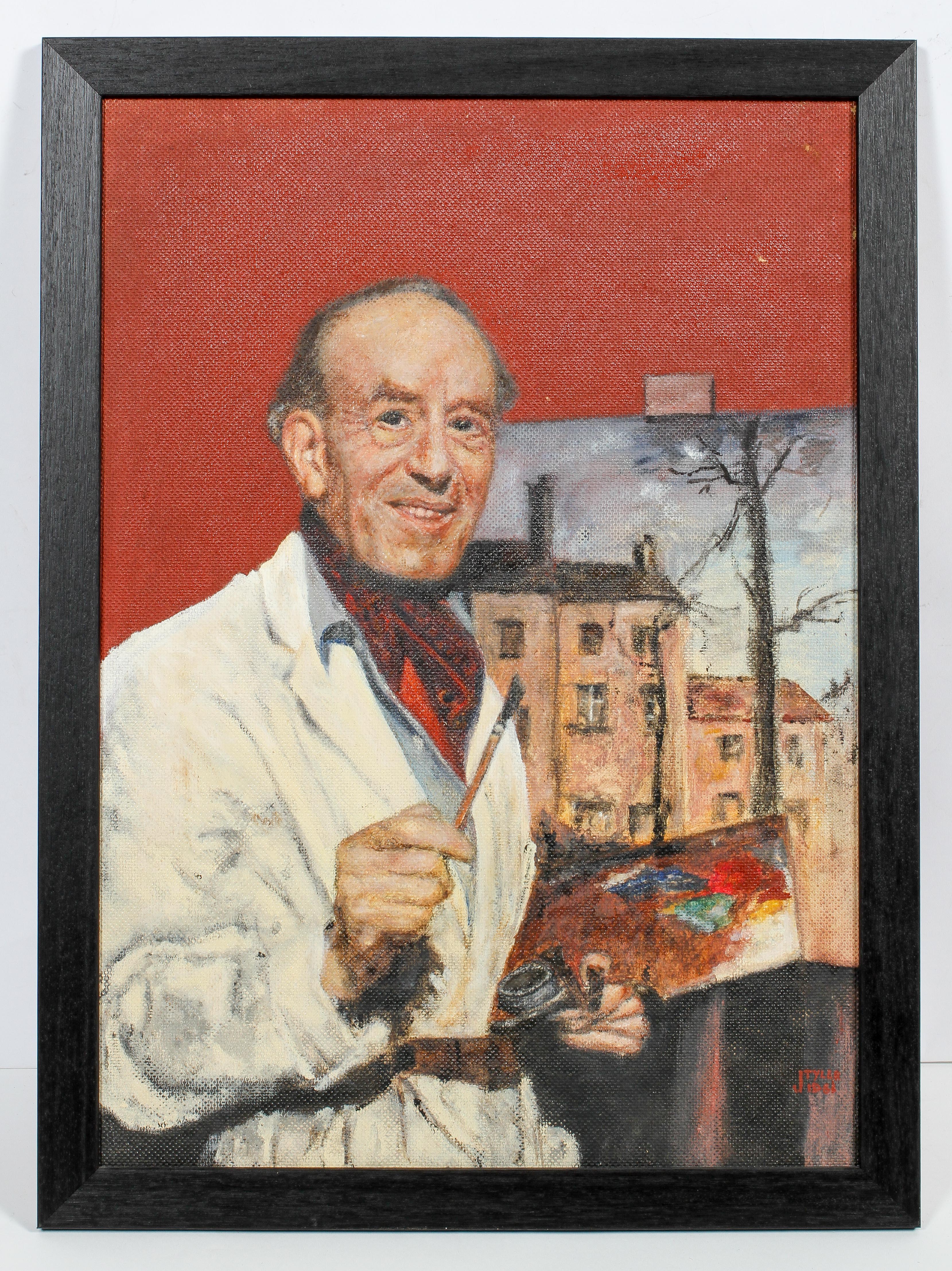 J Tyler, 1961, portrait of Adrian Hill with palette, oil on board, framed, signed lower right, - Image 2 of 4