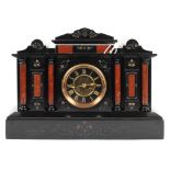 A Victorian slate mantle clock, late 19th century, of architectural temple form,