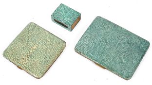 Two Art Deco shagreen cigarette cases and a match box similar,