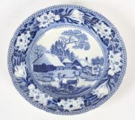 An early 19th century Rogers blue and white plate printed with stags and a cottage,