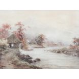 R Mori, watercolour of a mill and cottages beside a river, signed lower left,