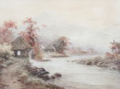 R Mori, watercolour of a mill and cottages beside a river, signed lower left,