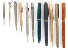 Two vintage silver pencils and others, including a Parker rolled gold ballpoint pen,