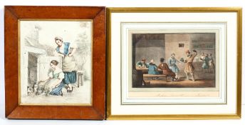 19th century school, Two young ladies feeding rabbits, pencil and colour,