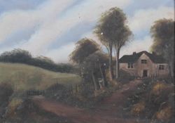 Early 20th Century School, oil on canvas, cottage in wooded landscape, in giltwood frame,