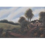 Early 20th Century School, oil on canvas, cottage in wooded landscape, in giltwood frame,