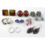A collection of eight pairs of earrings of variable designs.