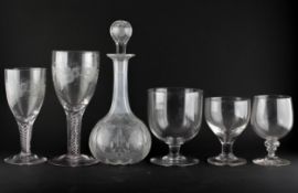 Five drinking glasses and a decanter and stopper,