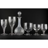 Five drinking glasses and a decanter and stopper,