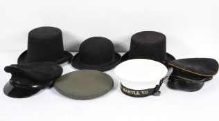 Seven vintage hats, including: a naval cap marked for TS Mantle VC, two further hats probably naval,