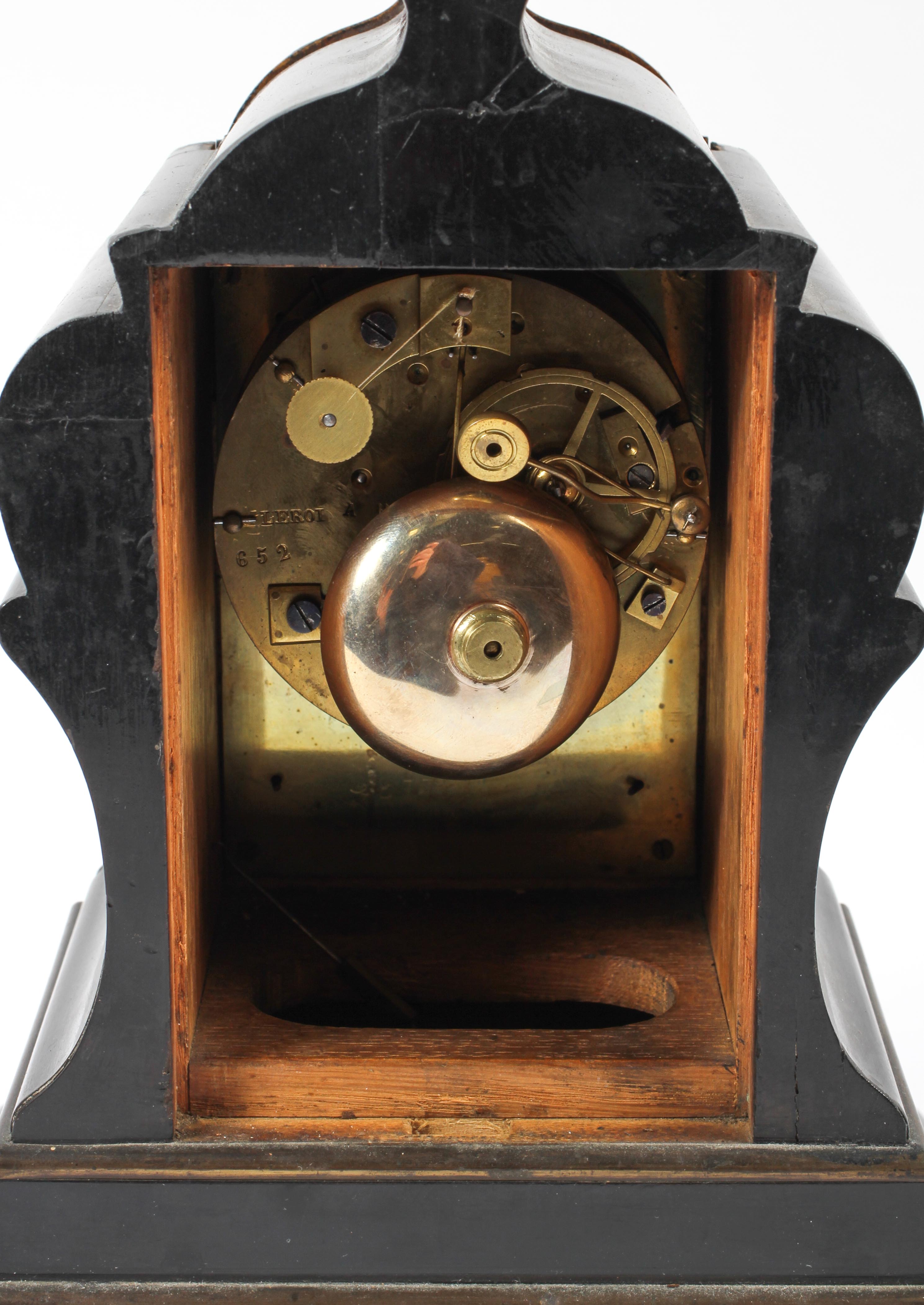 19th century French simulated boulle work striking mantle clock, with ebonised scroll-shaped case, - Image 3 of 3