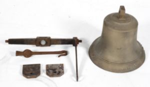 A J Warner & Sons Ltd (London) bronze school bell, dated 1903, with bracket, hook and fixtures,