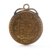 A Victoria shield half sovereign coin, dated 1887, having a soldered yellow metal pendant loop.
