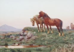 William Evans Linton, 'Dartmoor Ponies', watercolour, signed and dated, framed and glazed,