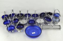 A selection of vintage blue glass lined bon bon dishes, most with single handle to top,