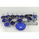 A selection of vintage blue glass lined bon bon dishes, most with single handle to top,