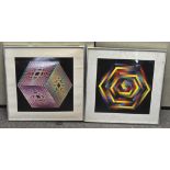 Two Retro framed and glazed prints depicting abstract shapes,