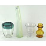 Four pieces of coloured glassware, including three vases,