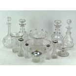 Two pairs of silver mounted glass spill vases, together with four glass decanters and more