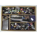 Assorted necklace beads, including some stone examples, and some silver plated flatware,