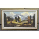 A large mid century oil on canvas depicting a mountainous landscape, framed,