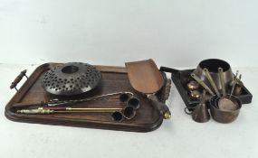Assorted metalware, mainly copper, including candle snuffer, oil funnel,