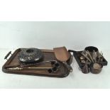 Assorted metalware, mainly copper, including candle snuffer, oil funnel,
