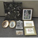 A selection of assorted pictures and prints, to include a framed and glazed floral scene,