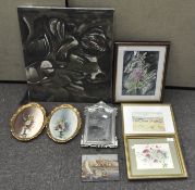 A selection of assorted pictures and prints, to include a framed and glazed floral scene,