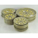 A collection of French part glazed ceramic plates with yellow and green decoration