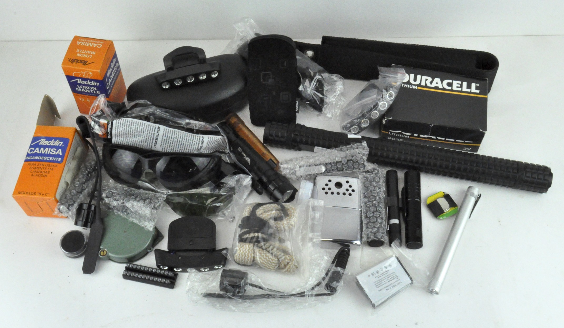 Assorted torches, glasses, a Cree T6 X-110 torch, a Leupold sportsman compass and more