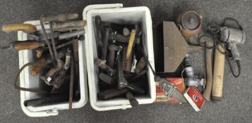 Two boxes of wooden and metal tools, including saws, drills,