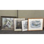 Four assorted pictures, to include a pastel sketch of trees.